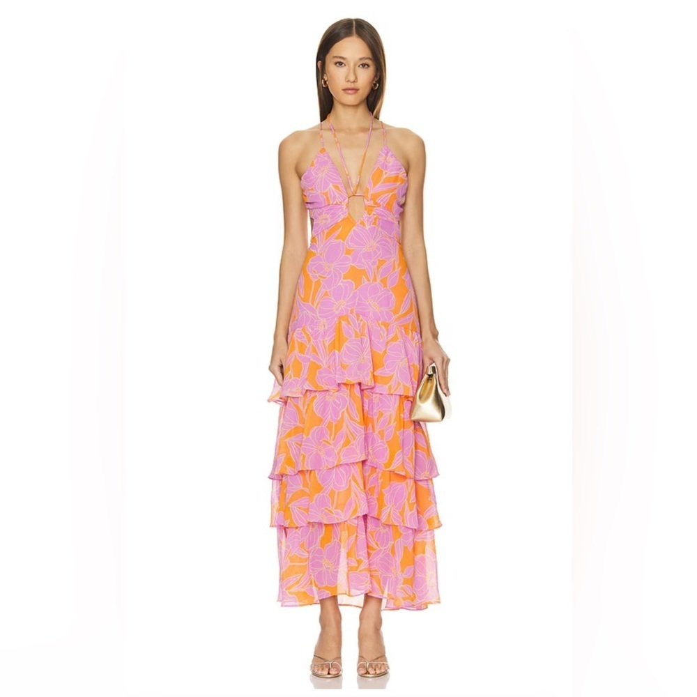 ASTR The Label Women's Large Aneira Dress Orange Purple Floral Maxi Ruffle Strap - Picture 2 of 16